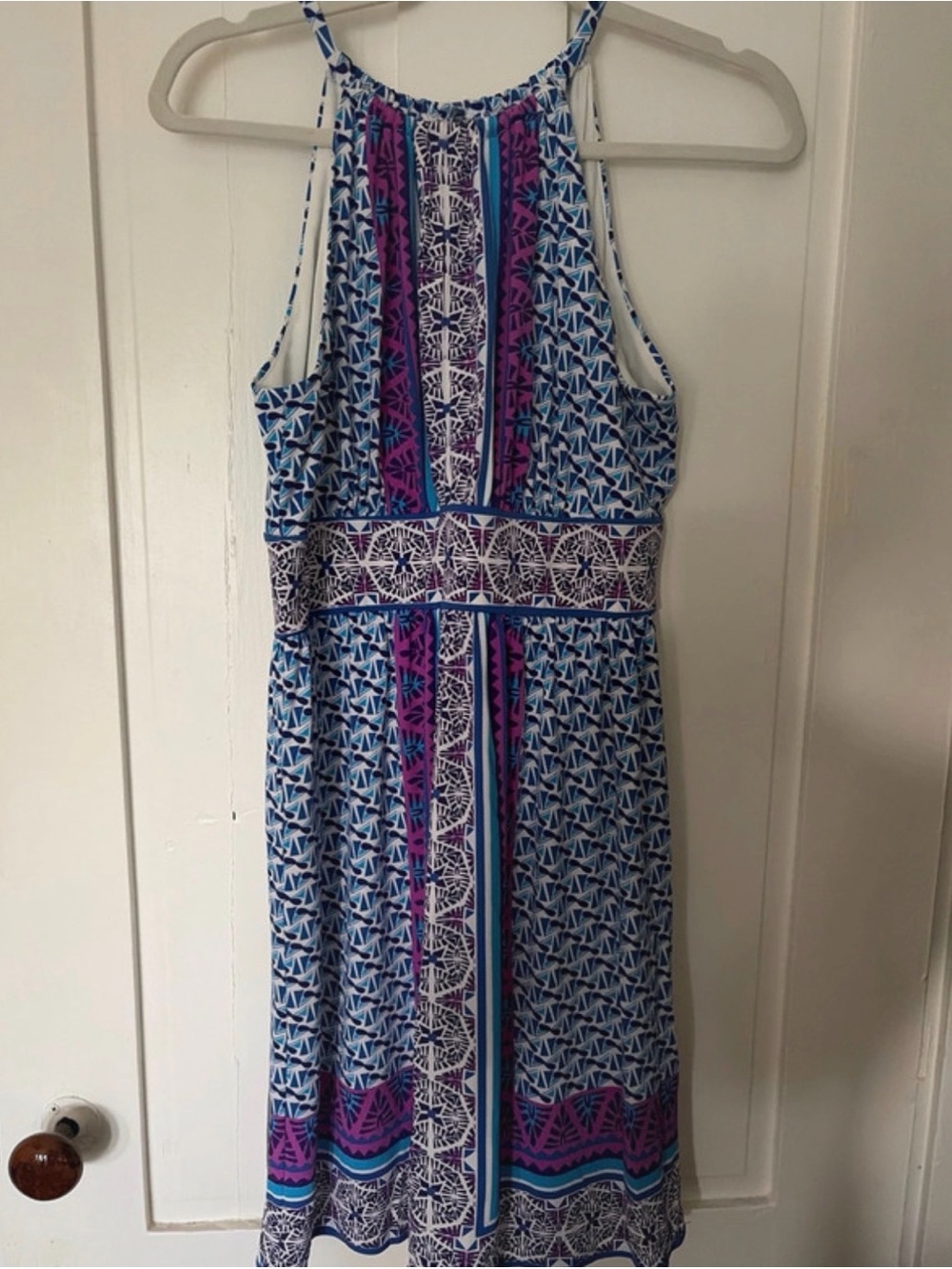 Maggy London Blue and Purple Printed Halter Knee Length Dress